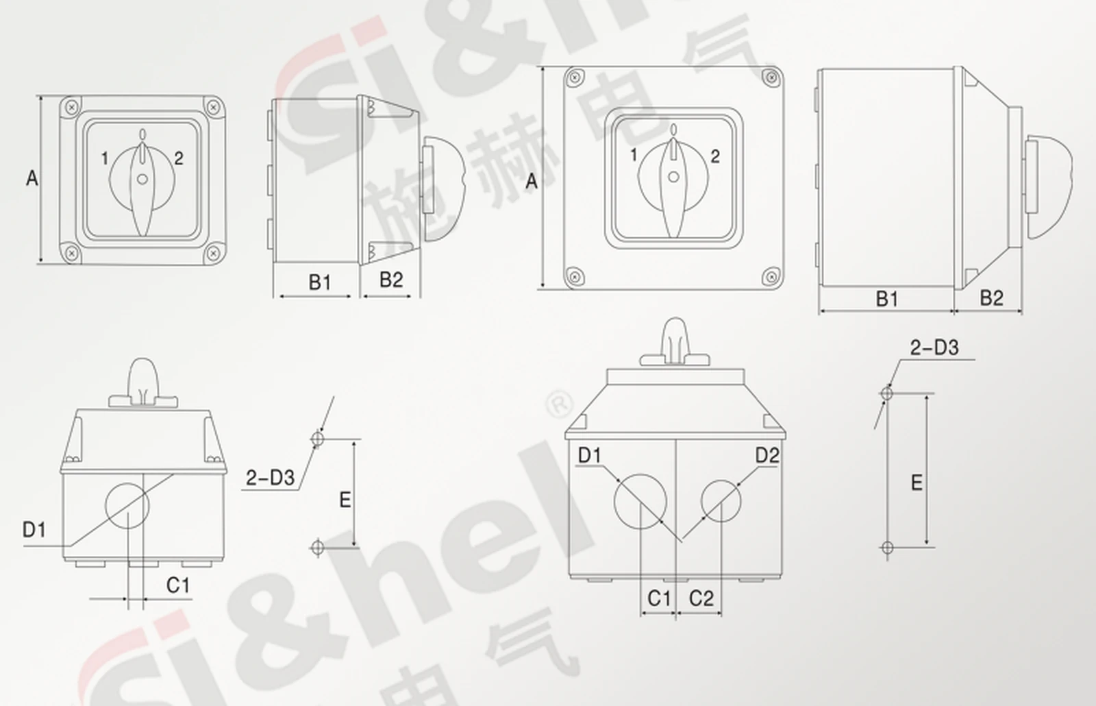 LW28 waterproof cam switch box outline and mounting dimension drawing without data table