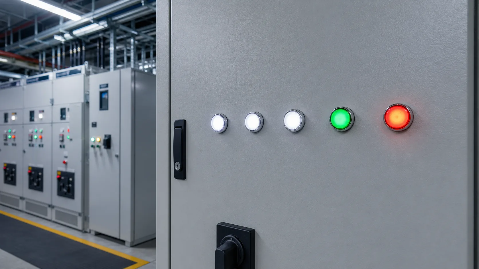 AD16 LED indicator lights on a power distribution board