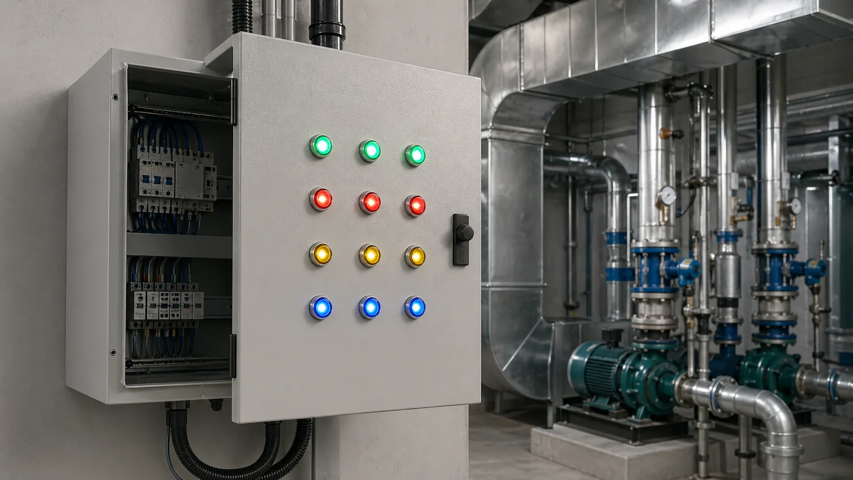 AD16 LED indicator lights on an HVAC building automation control panel
