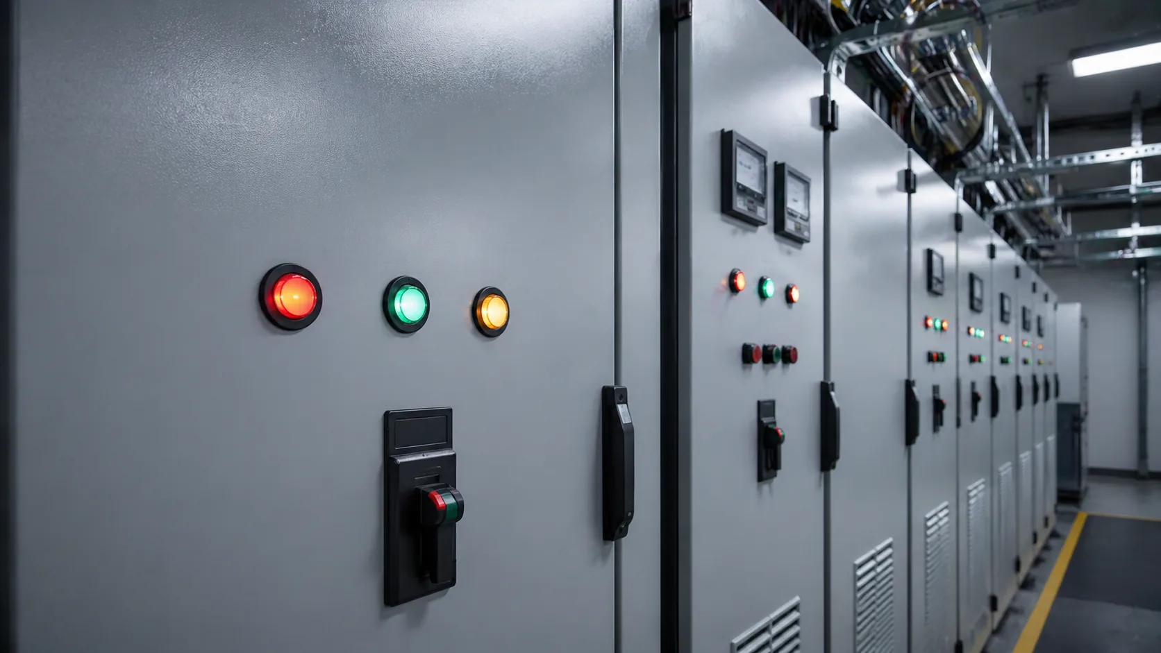 AD16 LED indicator lights on a motor control center cabinet