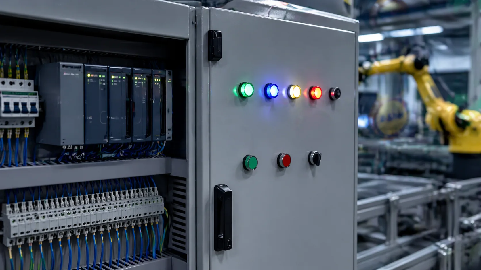 AD16 LED indicator lights on a PLC automation control cabinet