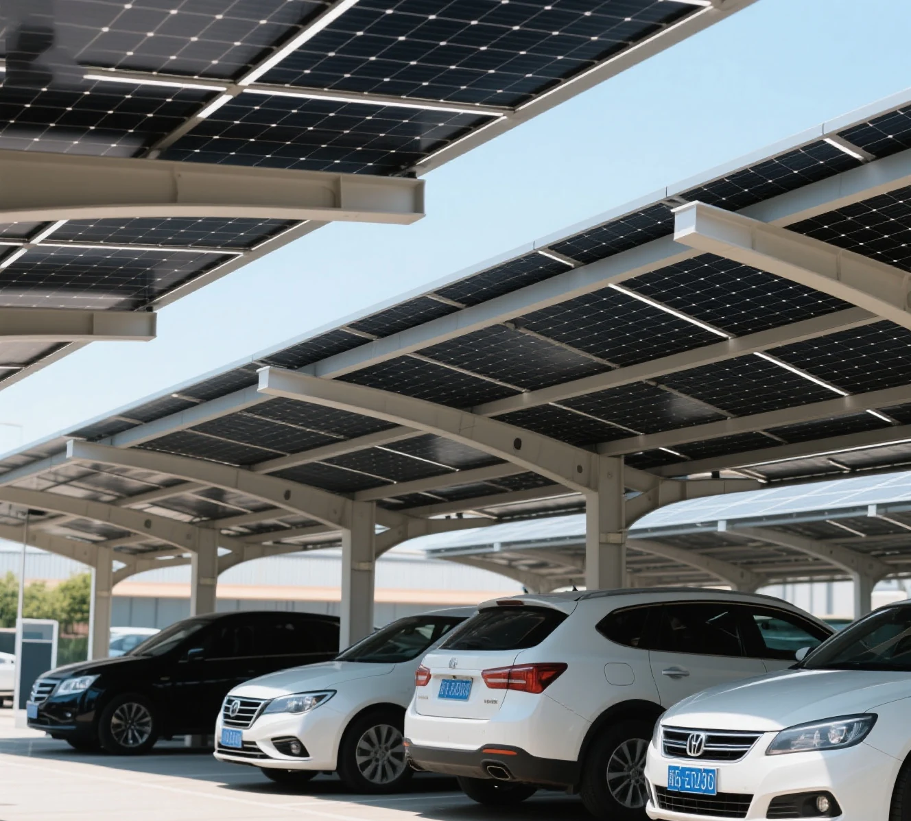 Solar carport canopy with EV charging stations requiring IP66 waterproof DC isolator