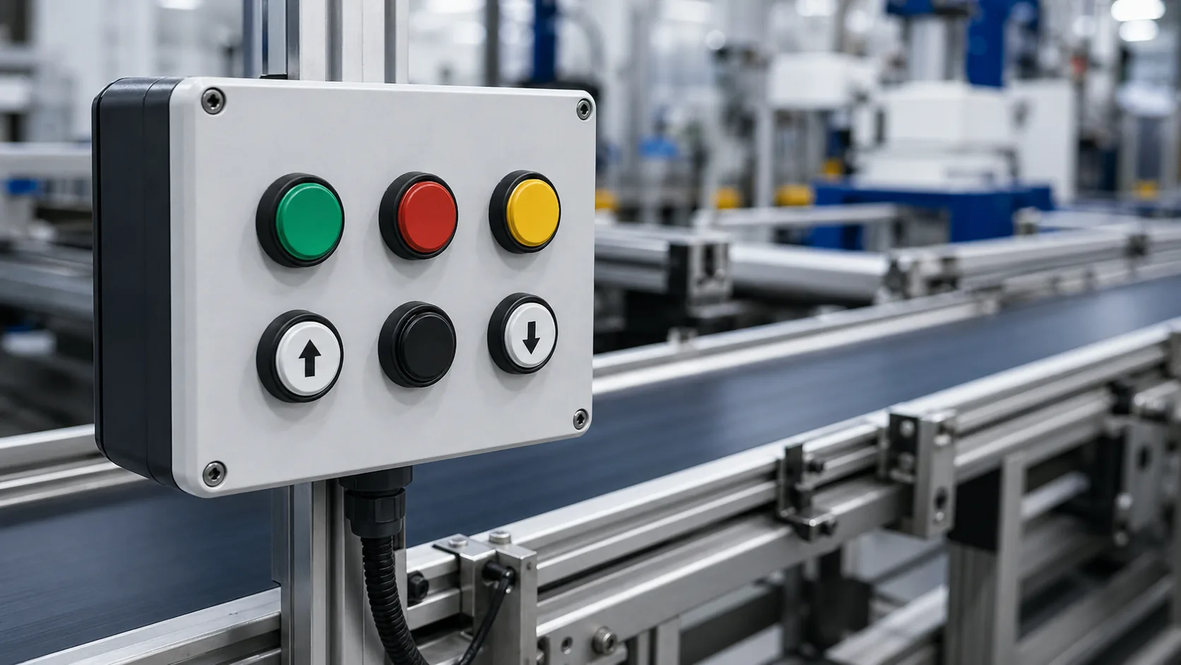 SH-B2 22 mm push buttons on a conveyor automation operator station