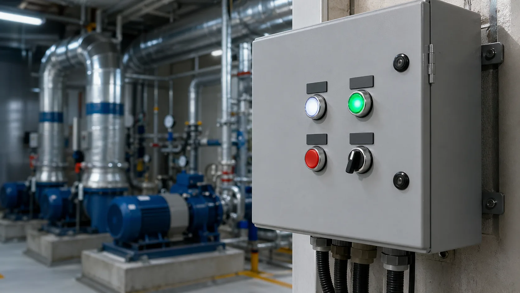 SH-B2 22 mm push buttons on a building HVAC control panel