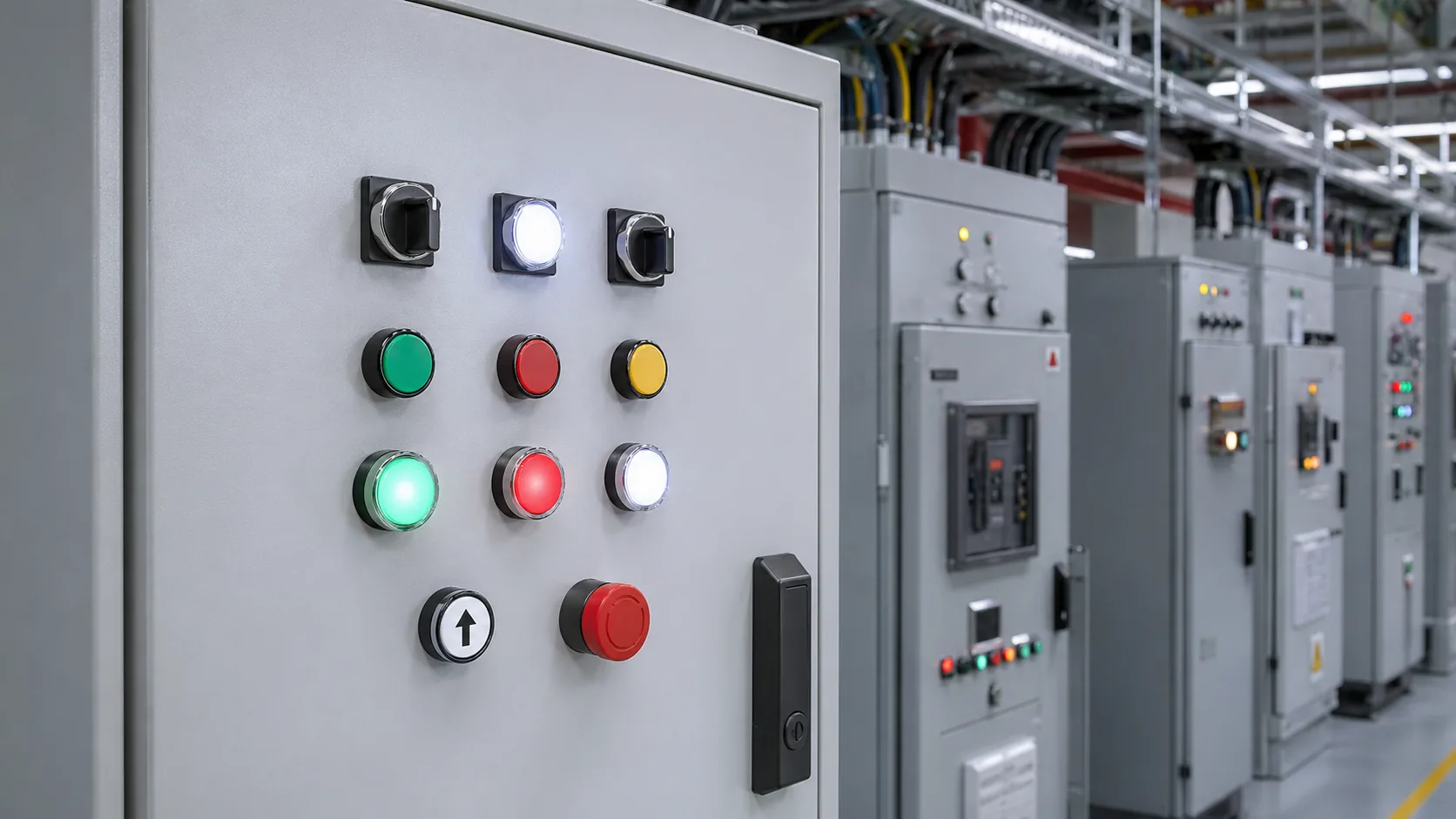 SH-B2 22 mm push buttons on electrical control cabinet doors