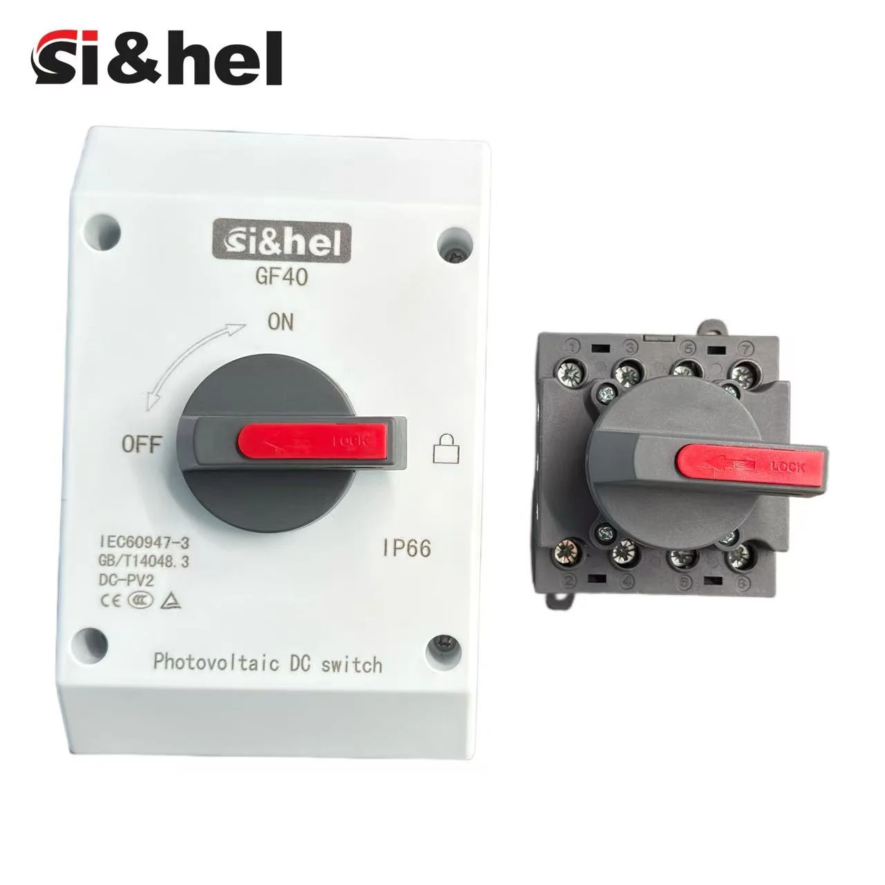 GF40 PV DC isolator front label with IEC60947-3 DC-PV2 IP66 markings