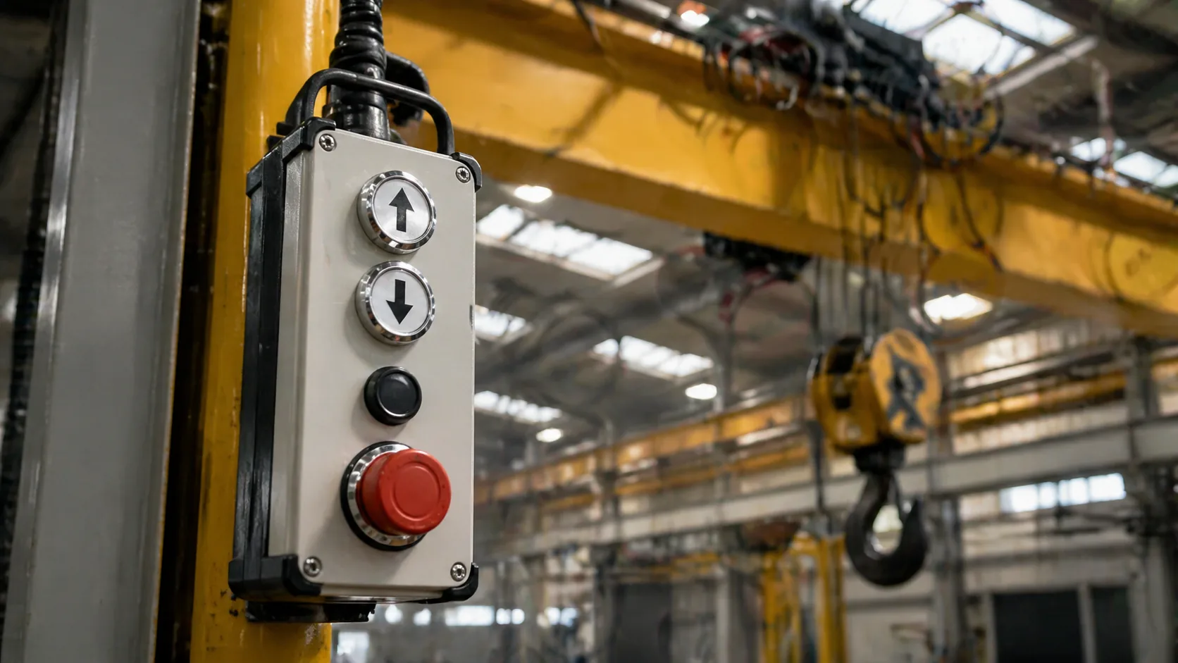 Metal push buttons on a crane and hoist control pendant
