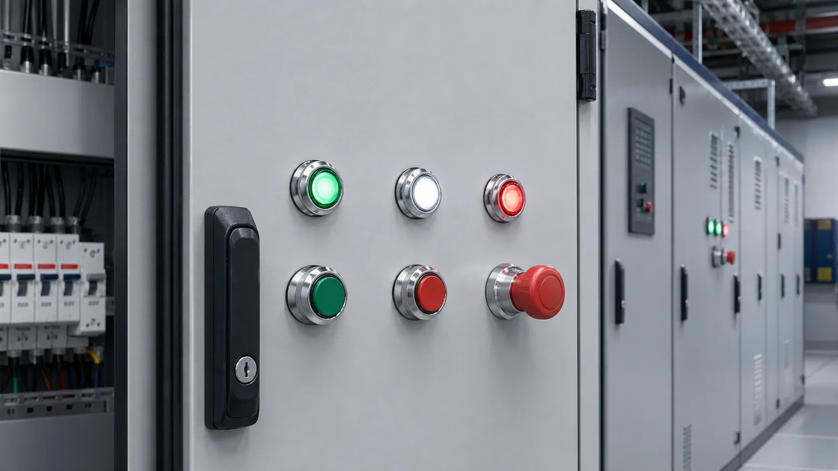 Metal push buttons on electrical control cabinet doors
