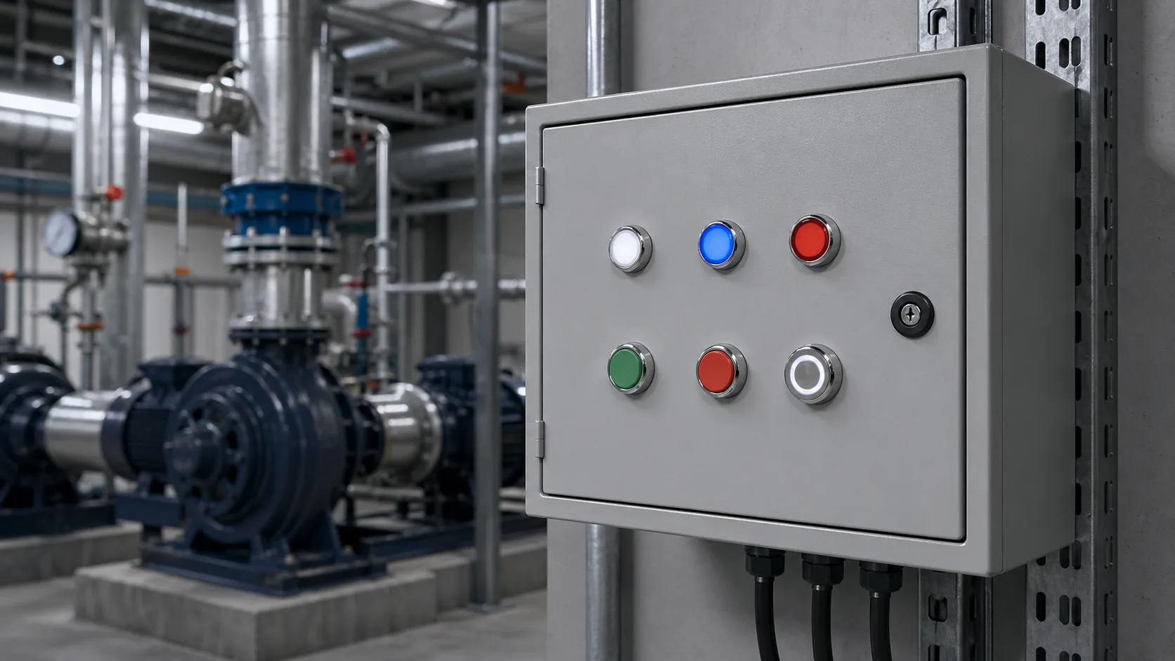 Metal push buttons on an HVAC building automation control box