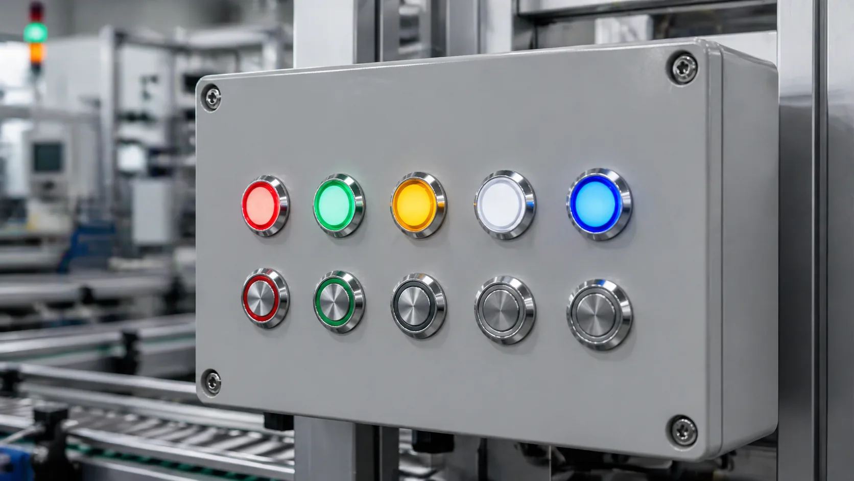 SH-GQ annular ring lamps and metal push buttons on an industrial indicator panel