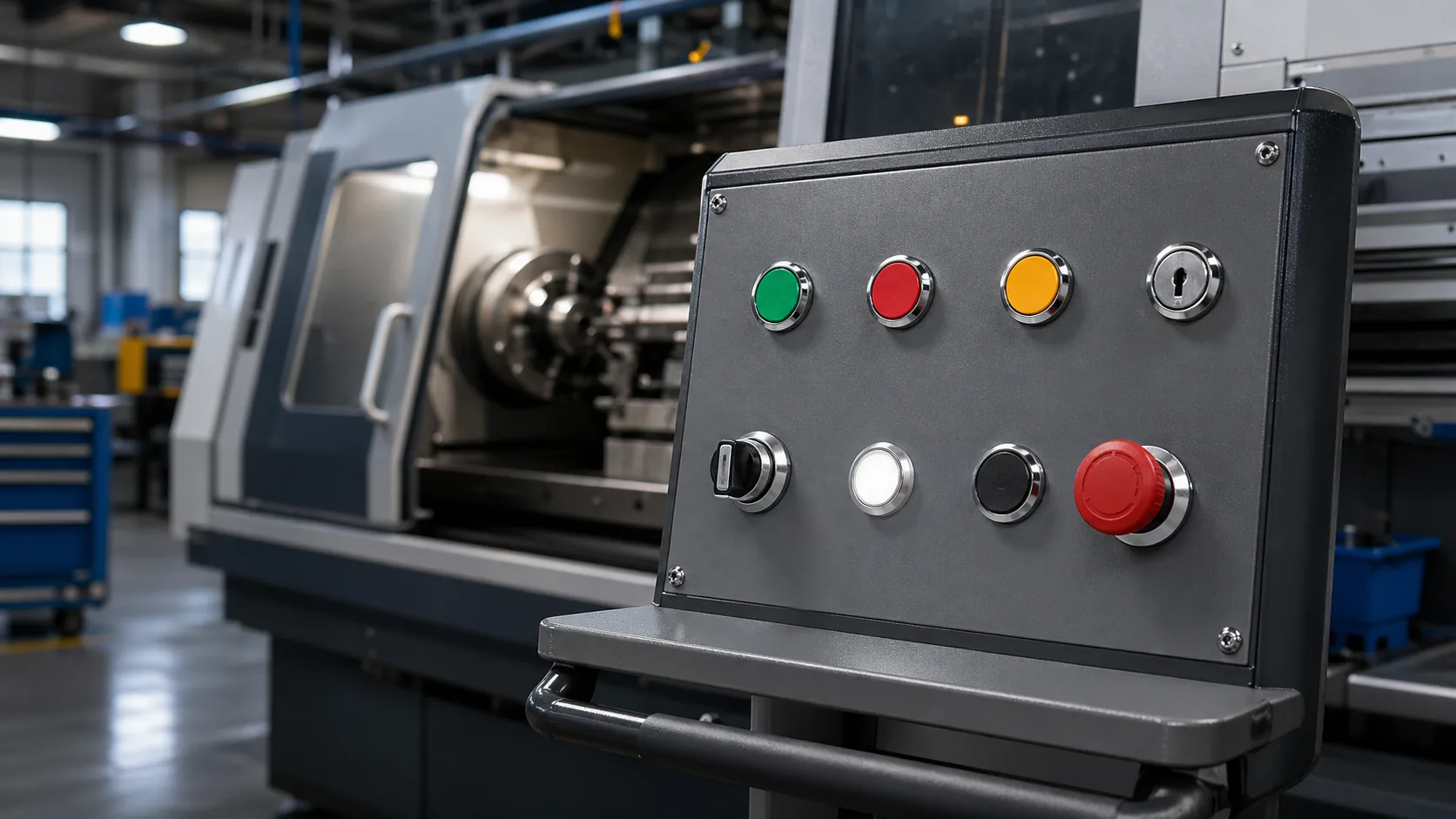 SH-GQ metal push buttons on a CNC machine tool operator panel