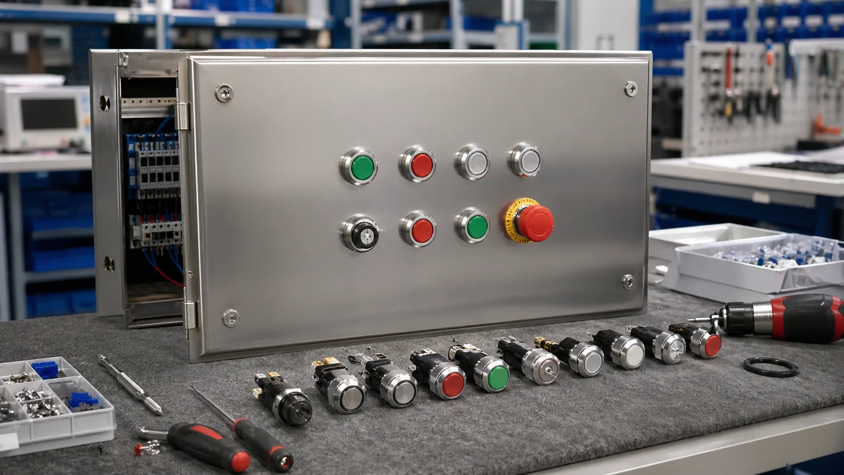 SH-GQ metal push buttons fitted to an OEM panel builder retrofit enclosure