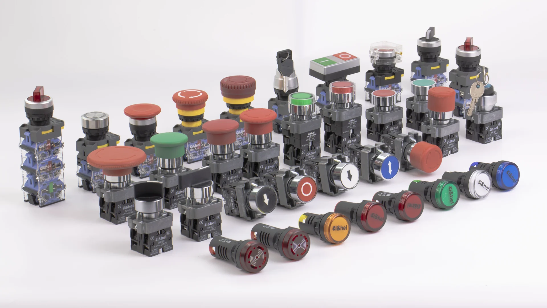 Shieldhz push button switches, selector switches, emergency stop buttons, and LED panel indicator lights for industrial control panels