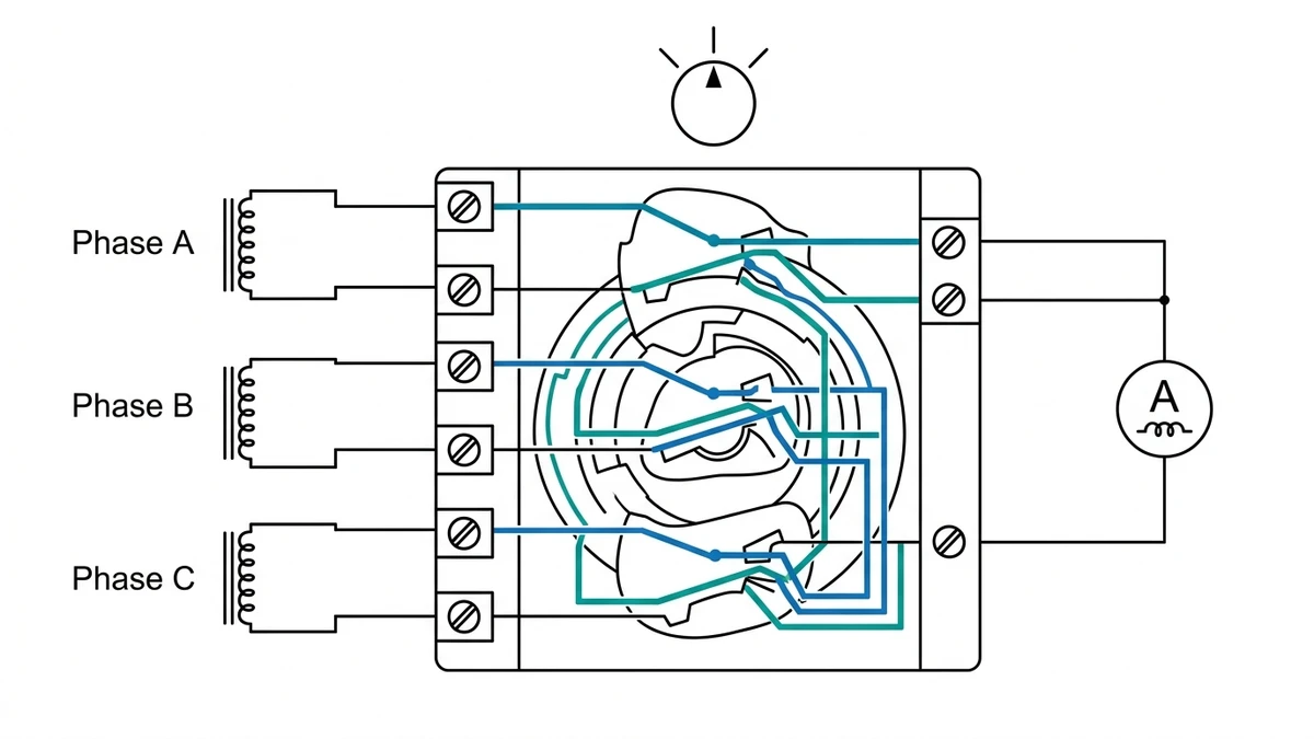 Ammeter selector switch CT shorting contact route with make-before-break cam sequence