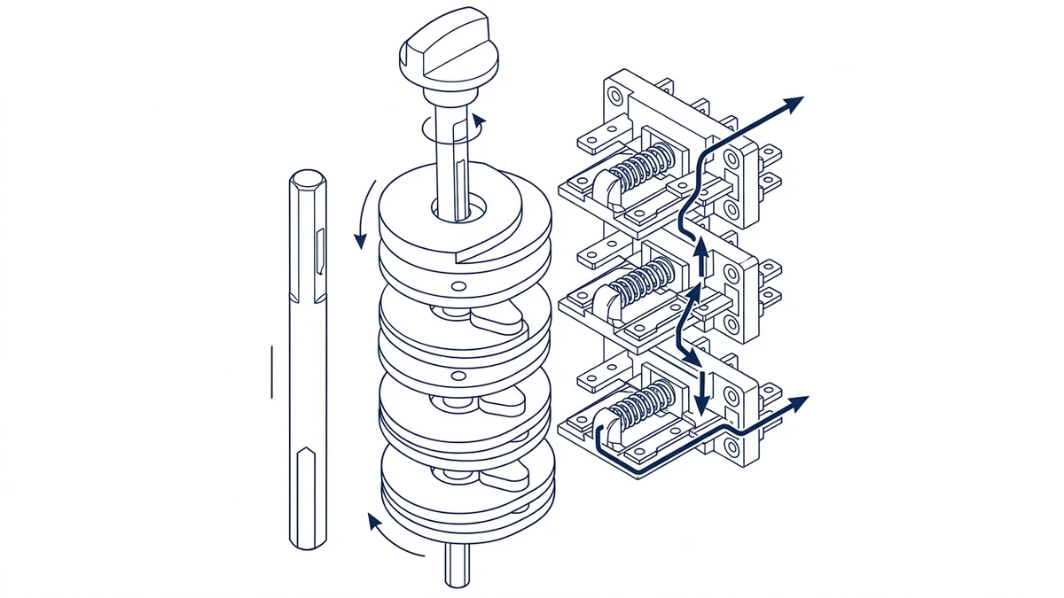 Cam disc contact sequence mechanism showing shaft lobes contact bridge and switching route