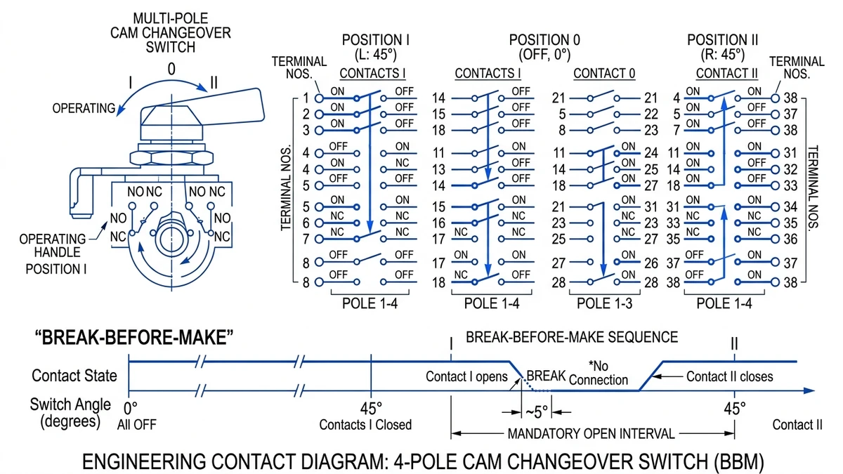 Cam switch contact diagram showing I-0-II positions and contact sequence