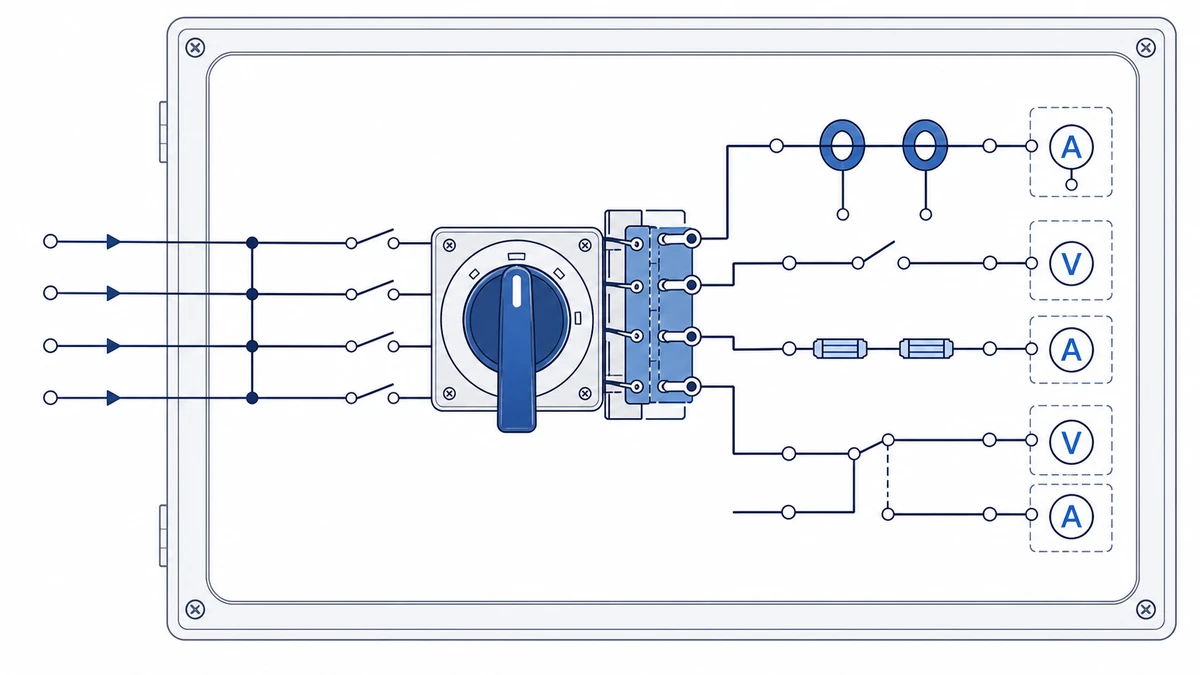 Cam Switch Wiring Diagrams: ON-OFF Changeover Voltmeter and Ammeter Examples application and wiring context