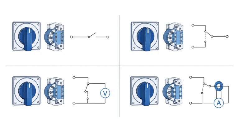 Cam Switch Wiring Diagrams: ON-OFF Changeover Voltmeter and Ammeter Examples technical overview