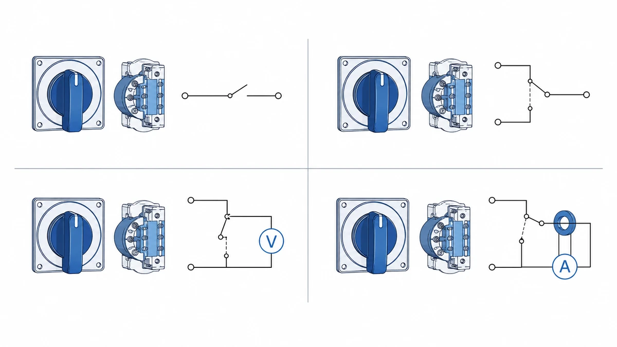 Cam Switch Wiring Diagrams: ON-OFF Changeover Voltmeter and Ammeter Examples technical overview