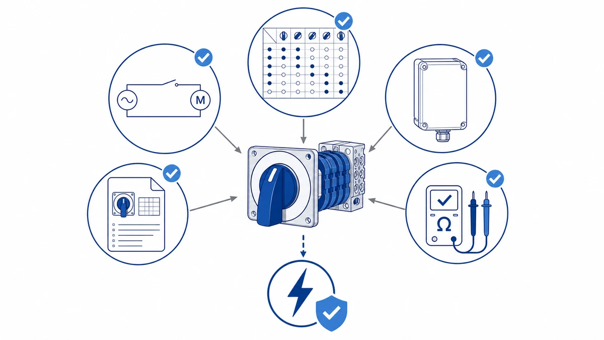 Cam Switch Wiring Diagrams: ON-OFF Changeover Voltmeter and Ammeter Examples selection checks