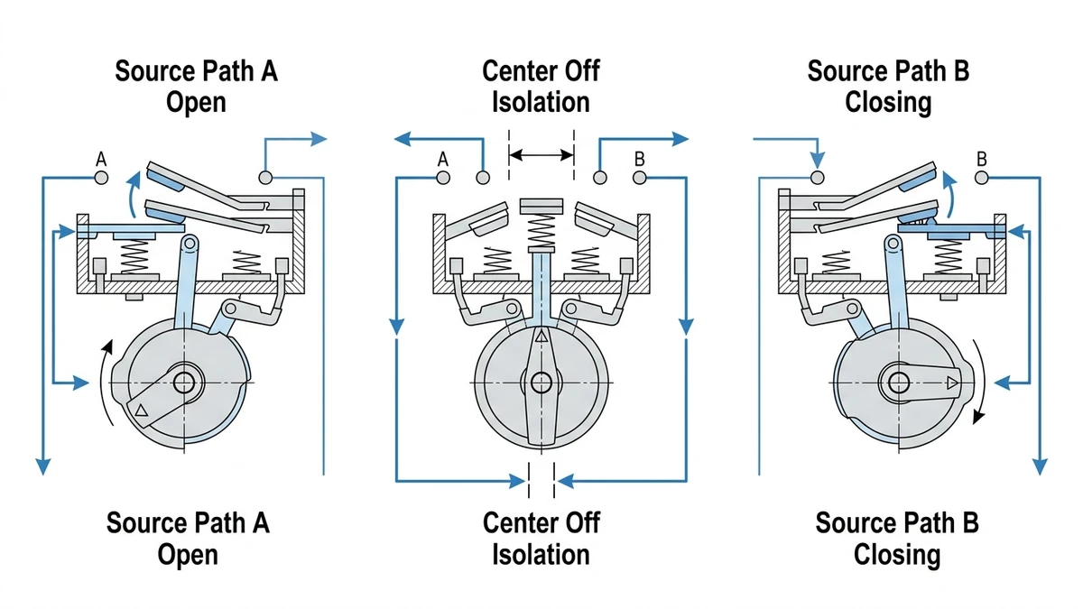 Changeover cam switch break-before-make route for source transfer applications