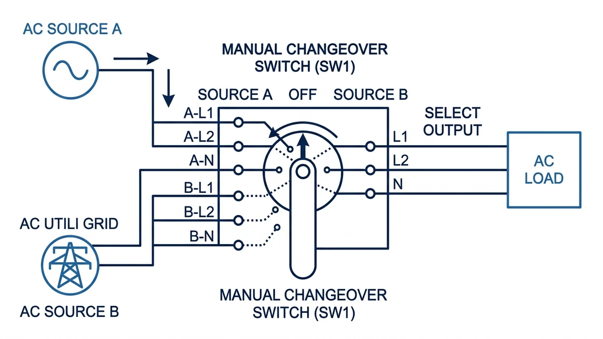 Two power sources connected to one load through manual changeover switch