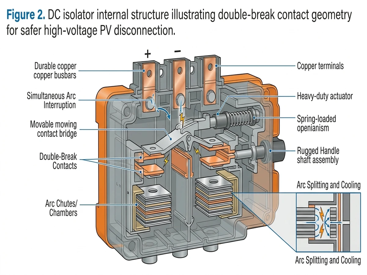 DC isolator switch cross-section showing double-break contacts and arc chamber
