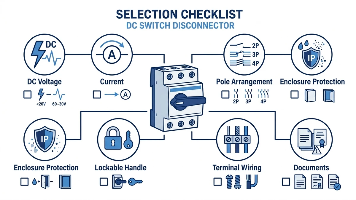 DC switch disconnector selection checklist for voltage current poles and enclosure
