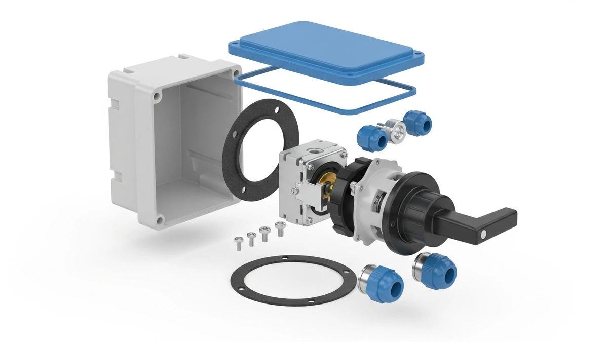 Enclosed switch disconnector main parts showing enclosure body handle switch mechanism and cable glands