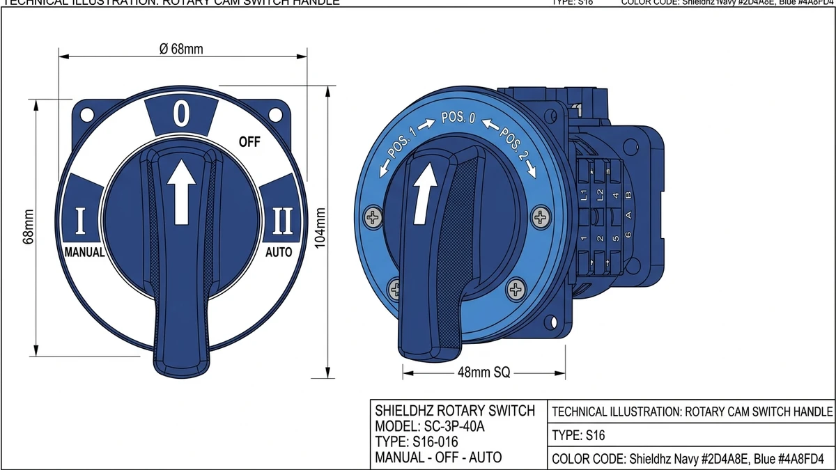 Rotary changeover switch handle showing I-0-II manual source selection positions