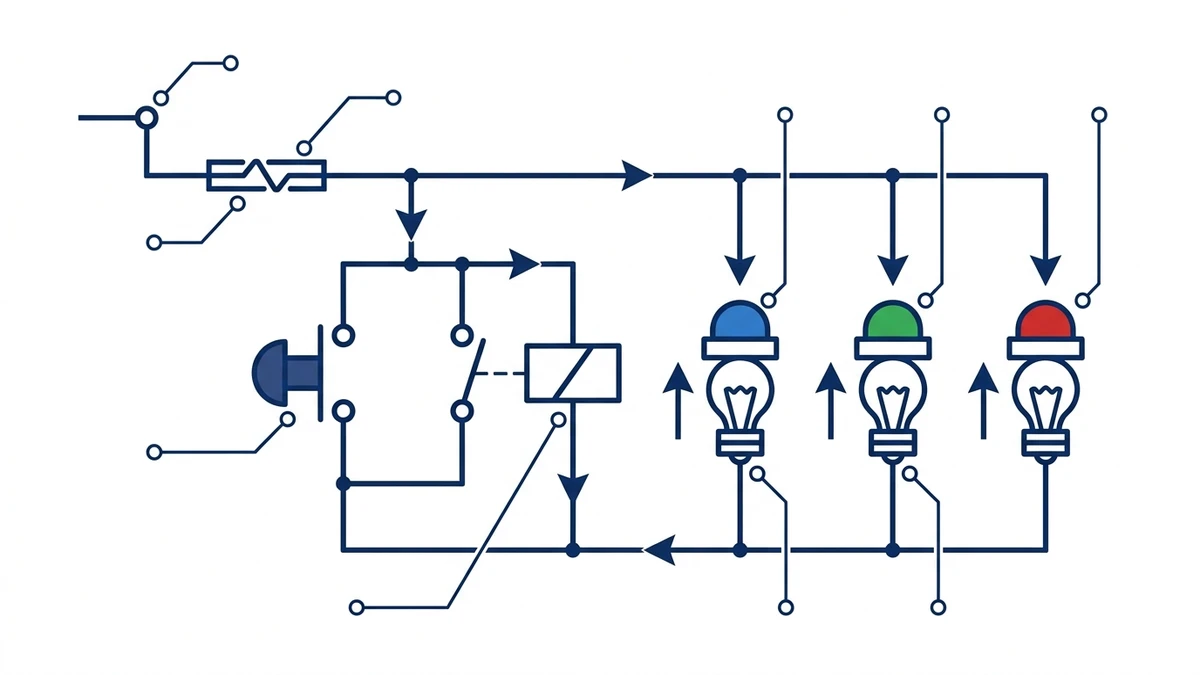 Indicator light control circuit showing supply relay contact and status lamps