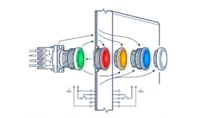 Indicator light assembly showing colored panel signals and rear terminals