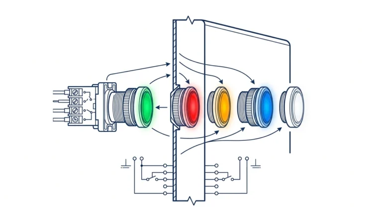 Indicator light assembly showing colored panel signals and rear terminals