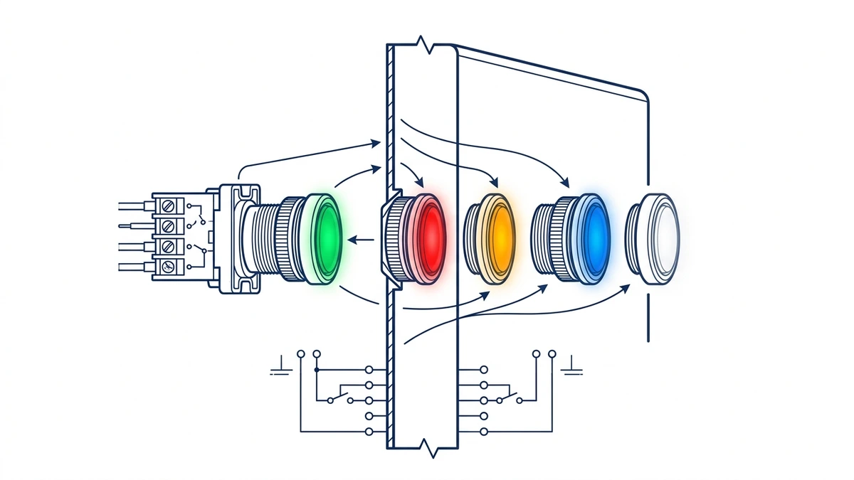 Indicator light assembly showing colored panel signals and rear terminals
