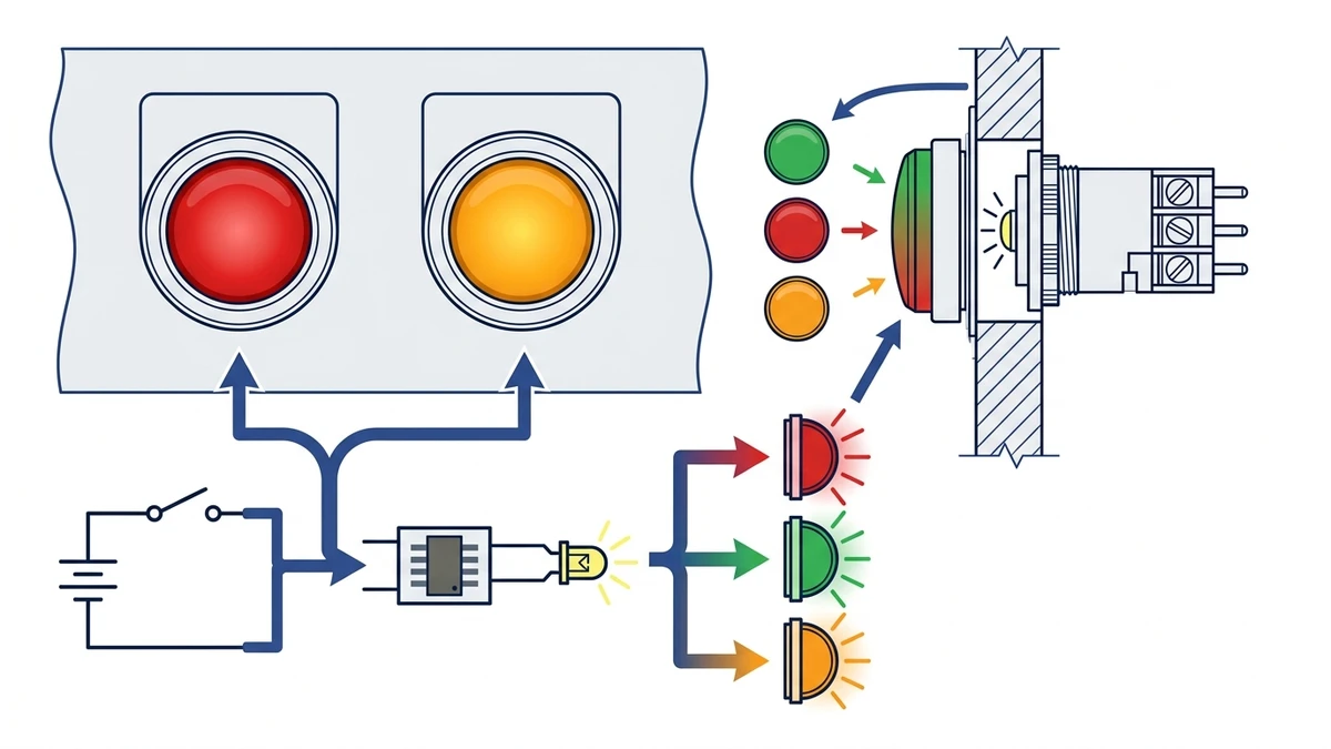 Indicator light front and side view showing lens terminals and mounting