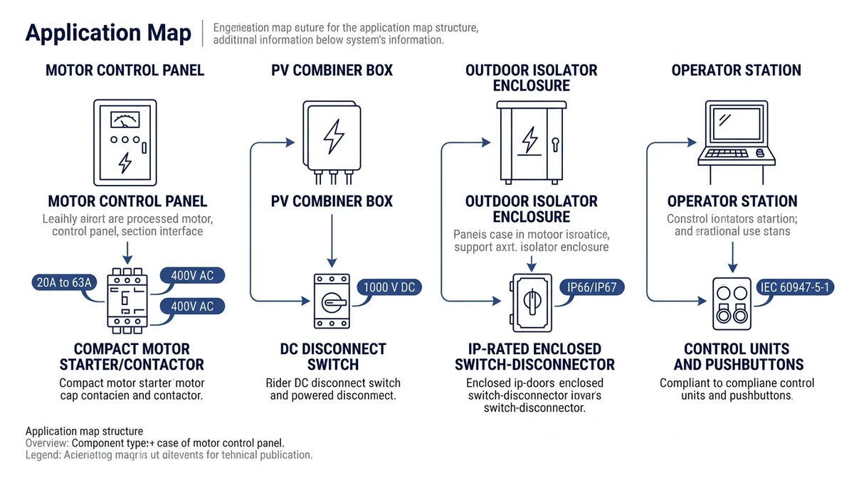 Industrial control component applications in motor panels, PV, enclosures, operators