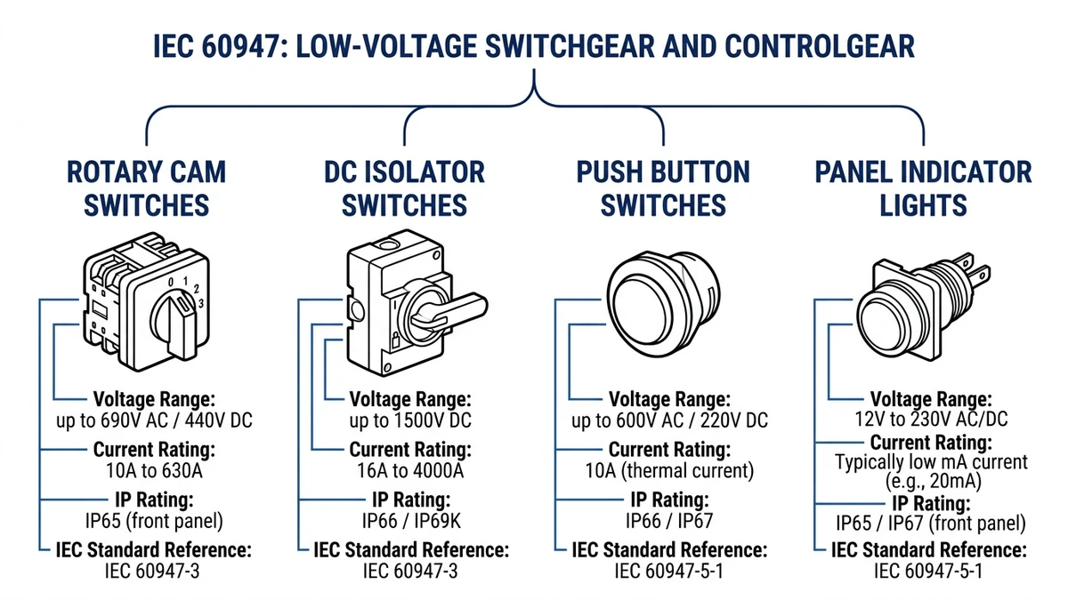 Industrial control component taxonomy showing switches, isolators, push buttons, and indicators