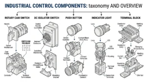 Industrial control component overview showing switches, isolators, indicators, and terminal blocks