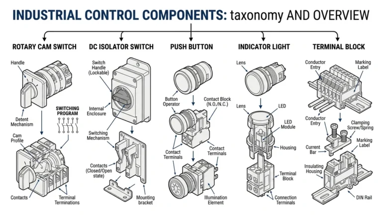 Industrial control component overview showing switches, isolators, indicators, and terminal blocks