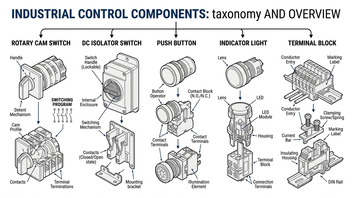 Industrial control component overview showing switches, isolators, indicators, and terminal blocks