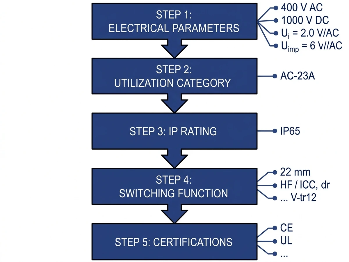 Industrial control component selection flowchart covering ratings, IP, function, certifications