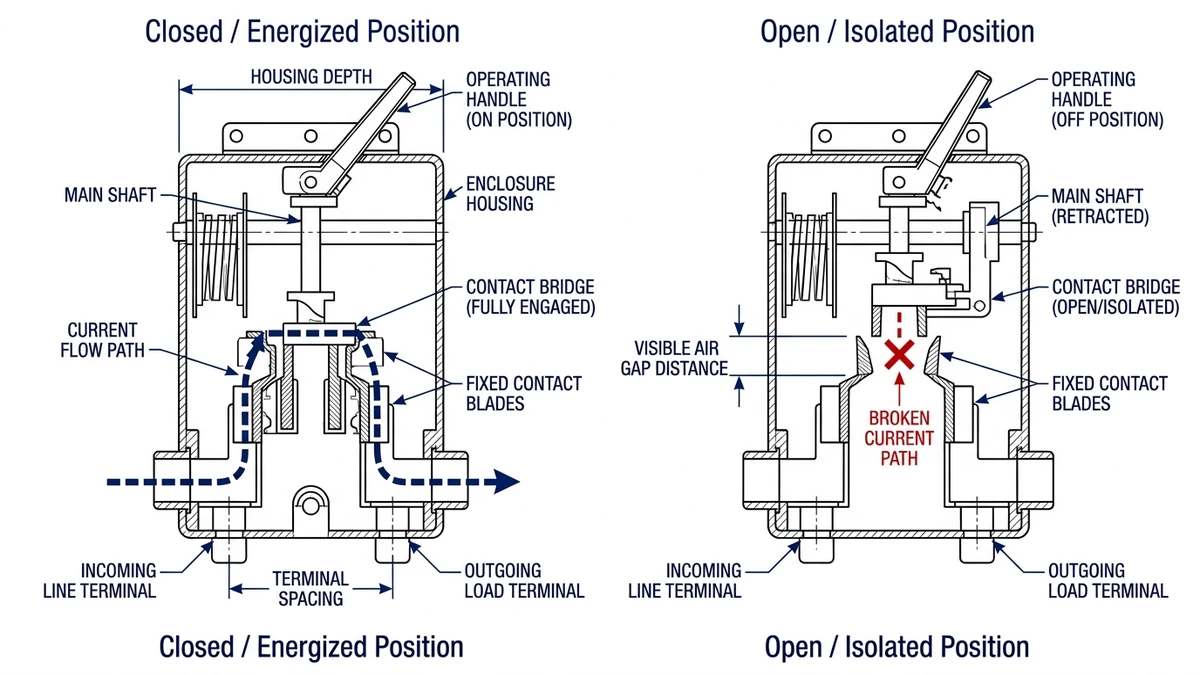 Isolator switch cross-section comparing closed energized state and open isolated contact gap position