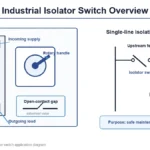 Isolator switch mounted in industrial panel with labeled terminals and single-line diagram