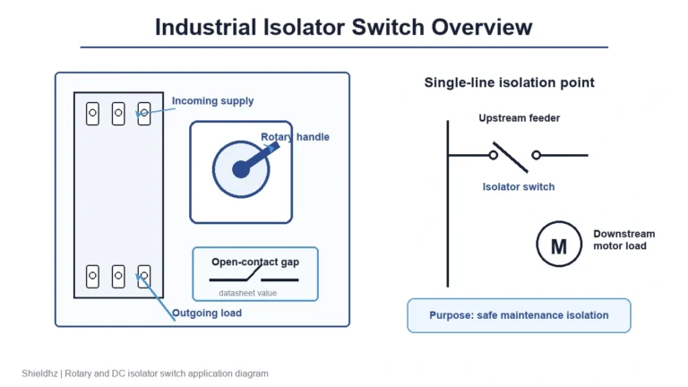 Isolator switch mounted in industrial panel with labeled terminals and single-line diagram