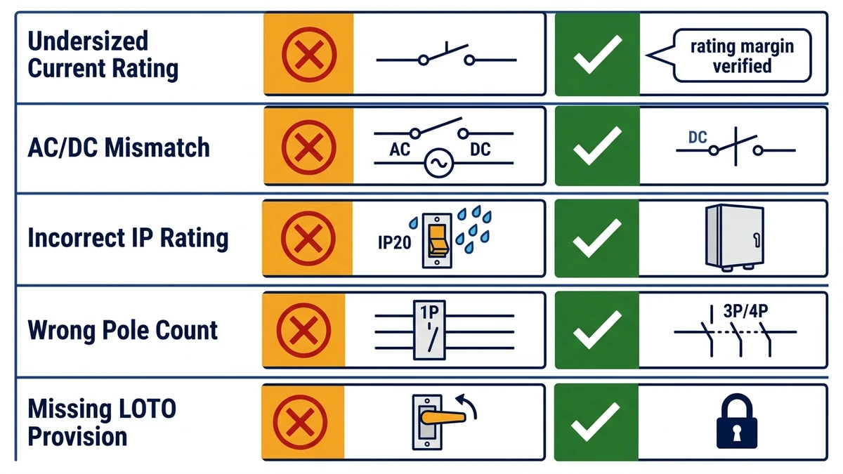 Isolator switch common mistakes checklist showing five error and corrective action pairs for installation and selection
