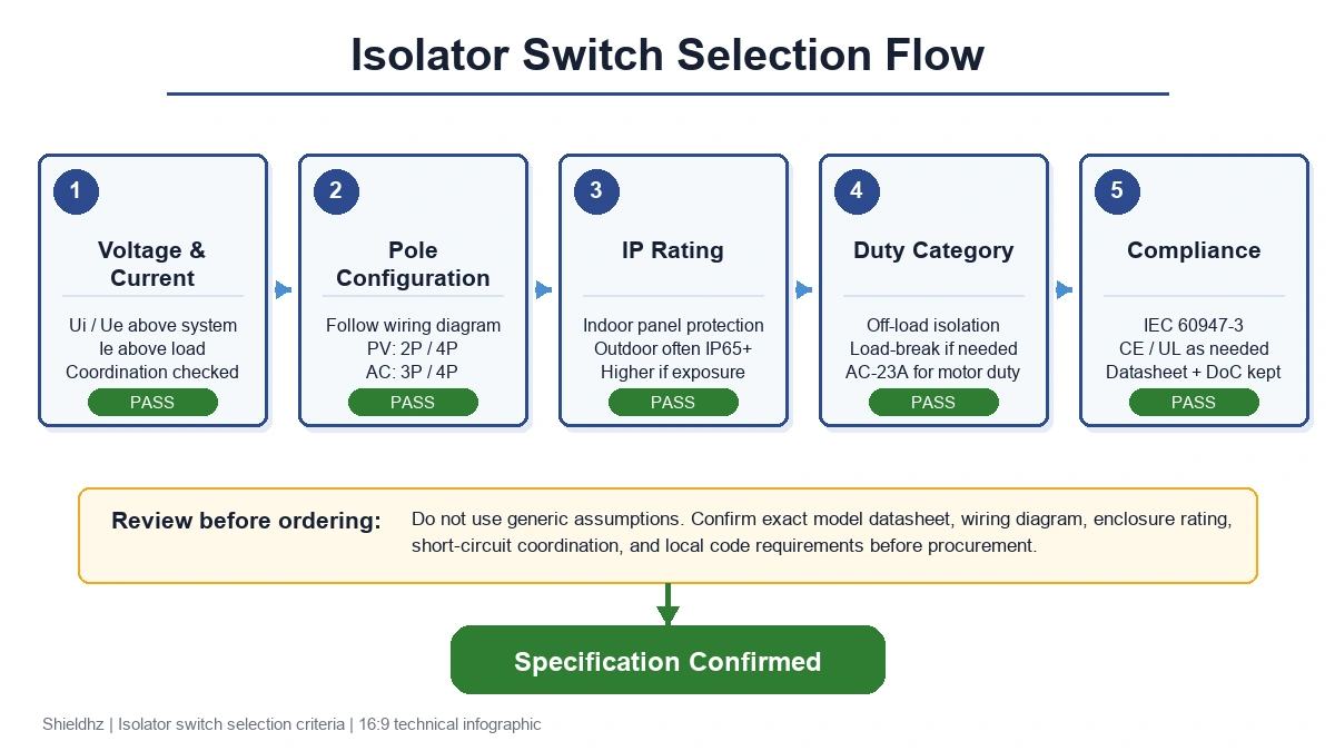 Isolator switch selection flowchart with five decision nodes covering voltage, pole count, IP rating, utilization category, and certification