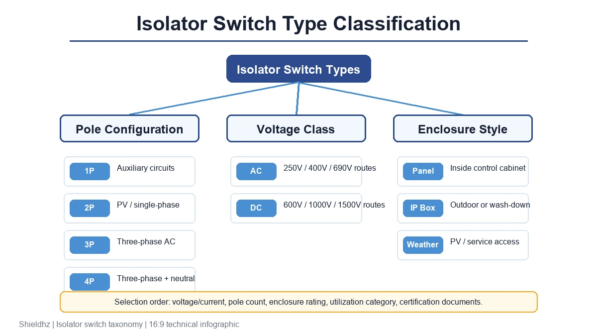 Isolator switch classification tree showing pole configuration, AC DC voltage class, and IP enclosure rating branches