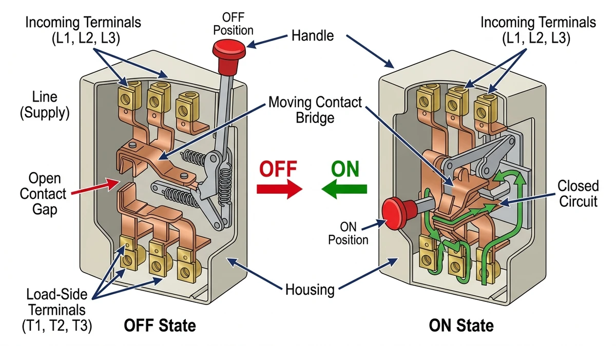 Load isolator switch contact gap and internal switching mechanism