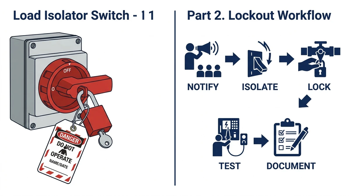 Load isolator switch locked in OFF position with simple LOTO workflow