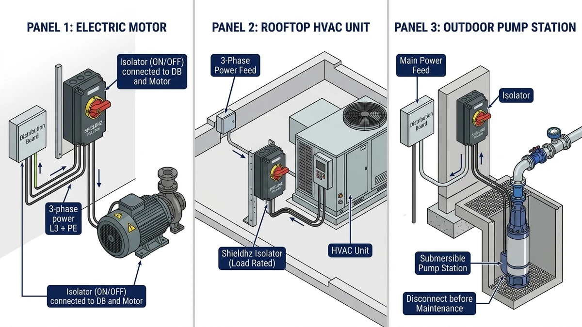 Load isolator switch applications for motor HVAC and pump equipment